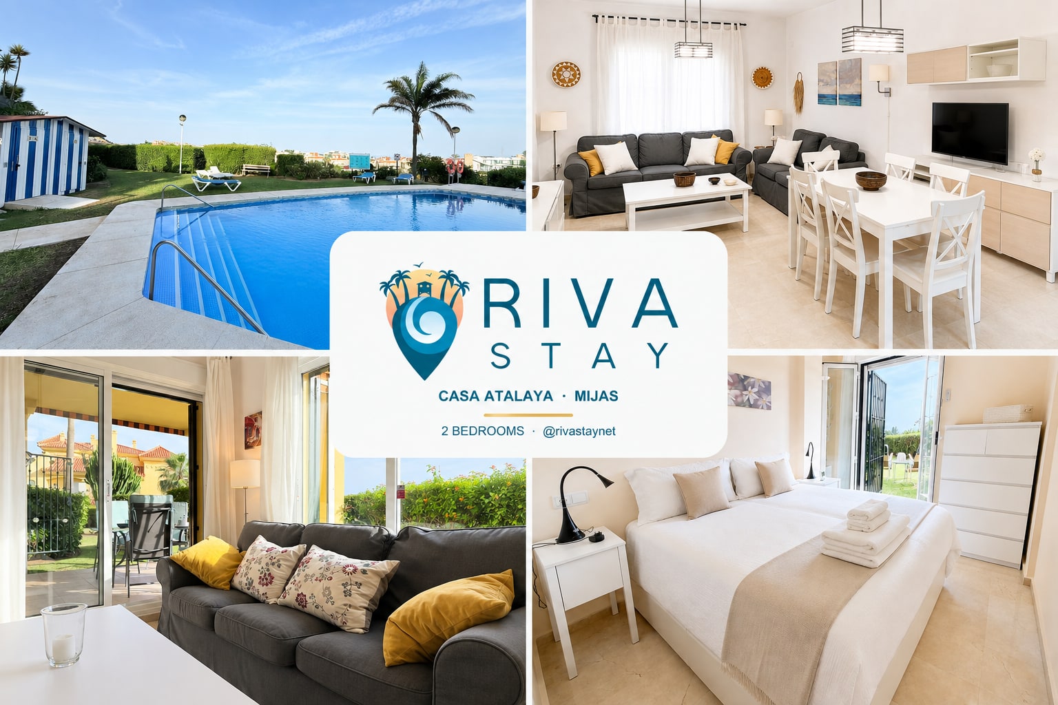 Casa Atalaya collage showing the pool, living space and bedroom
