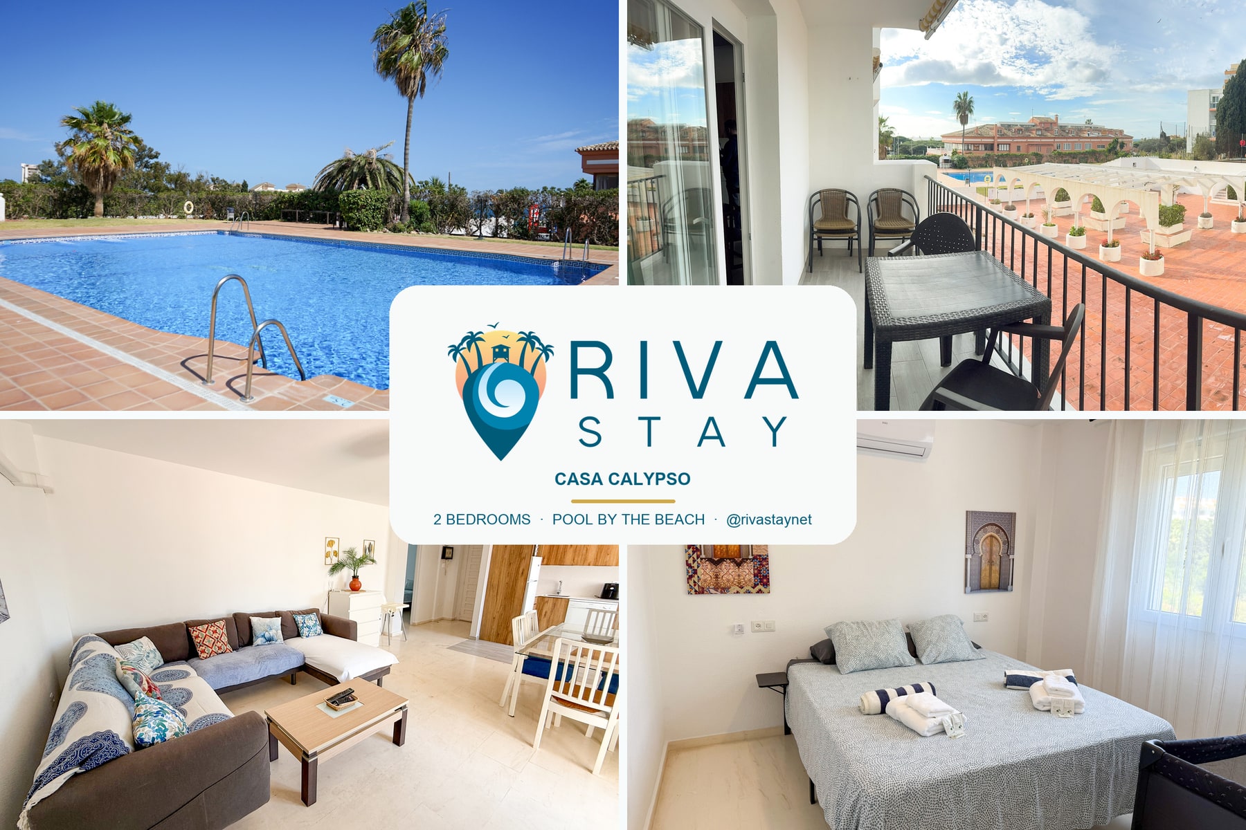 Casa Calypso collage showing the pool, terrace, living room and bedroom