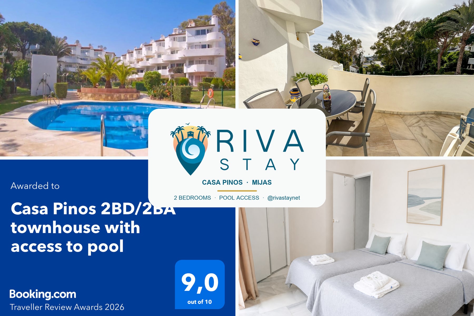 Casa Pinos collage showing the pool, terrace and twin bedroom